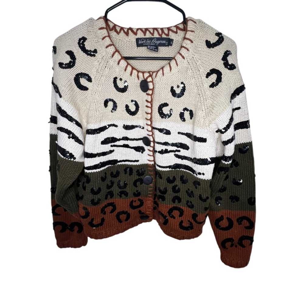 Work In Progress Vintage Sequin Color Block Animal Print Cardigan Sweater